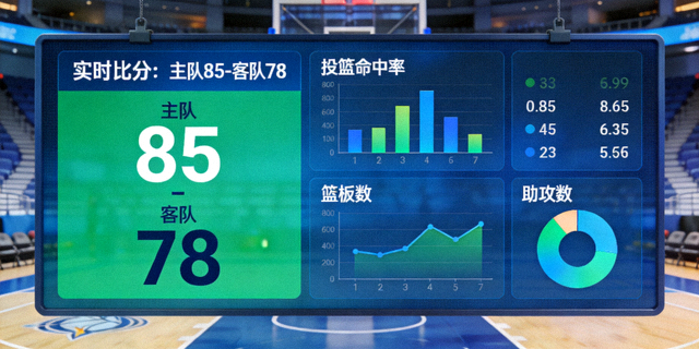 体育数据分析看板示意图，包含比分与统计指标的图形化展示
